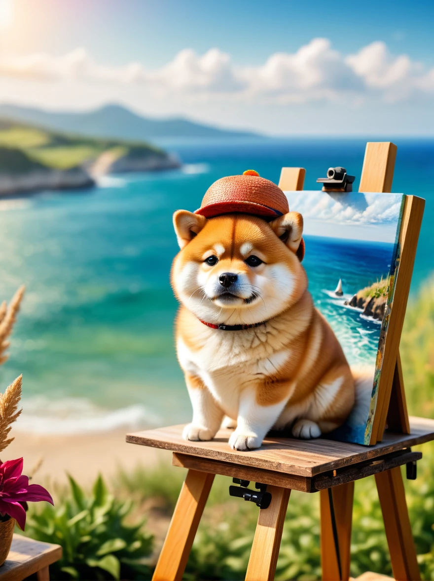 Photos with tilt-shift effect, Selective focusing, Miniature effect, Very detailed, bright, View control, Naturally tilted pictures (Whimsical sense of art), charming additional fluffy, A chubby Shiba Inu wearing an adventurer&#39;s hat, ((He painted a still life on his easel, brush, Sea view)), magic, Macro Photography, (charming:1.3), (luminescent: 1.2), (huge flora: 1.1), mystery, vivid photography, Flashing Lights, Preoccupied, Strange, Disturbing, Soft Focus, Overly detailed digital art