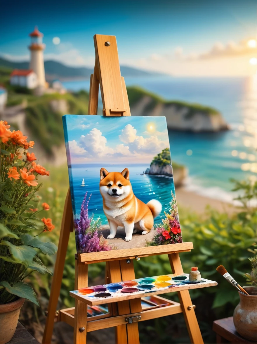 Photos with tilt-shift effect, Selective focusing, Miniature effect, Very detailed, bright, View control, Naturally tilted pictures (Whimsical sense of art), charming additional fluffy, A chubby Shiba Inu wearing an adventurer&#39;s hat, ((He painted a still life on his easel, brush, Sea view)), magic, Macro Photography, (charming:1.3), (luminescent: 1.2), (huge flora: 1.1), mystery, vivid photography, Flashing Lights, Preoccupied, Strange, Disturbing, Soft Focus, Overly detailed digital art