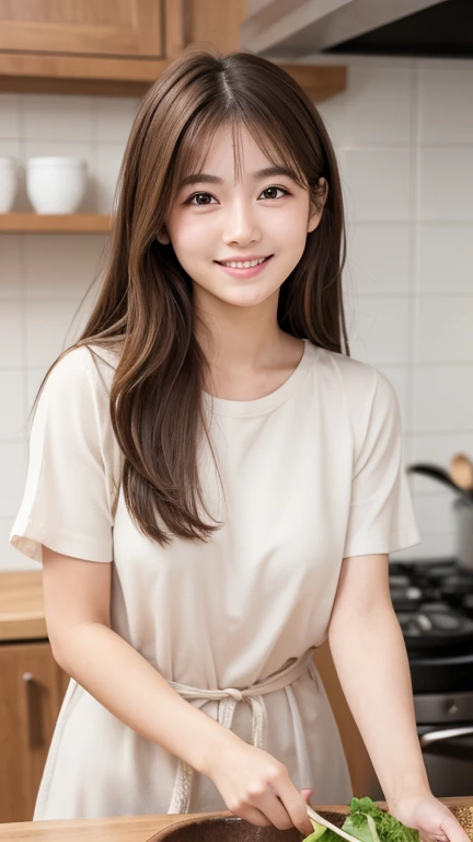 Brown Hair,Medium Hair,18-year-old female, Small nose, With the correct face, Cute natural smile, Japanese facial features, A clean and cute face, Cute realistic portrait, Asian Face, 8K Photo, Soft Makeup,Natural skin texture,Raw photo,highest quality,Full Body Shot,cooking