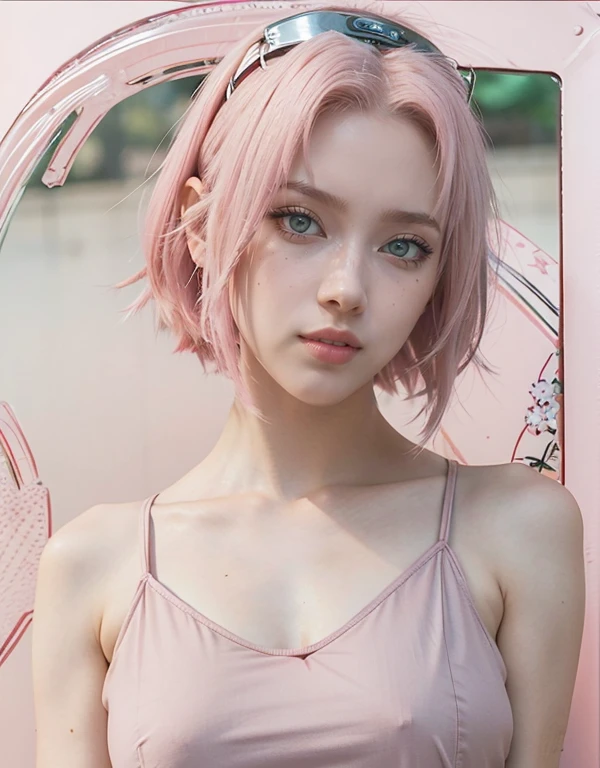 young woman, short shoulder-length pink hair, wide forehead, porcelain skin, pink eyebrows, big emerald green eyes, buttoned nose, full lips, heart-shaped face, slender body, small breasts, maroon tank top, Sakura Haruno , realistic, Realism, details, 3d, well detailed.