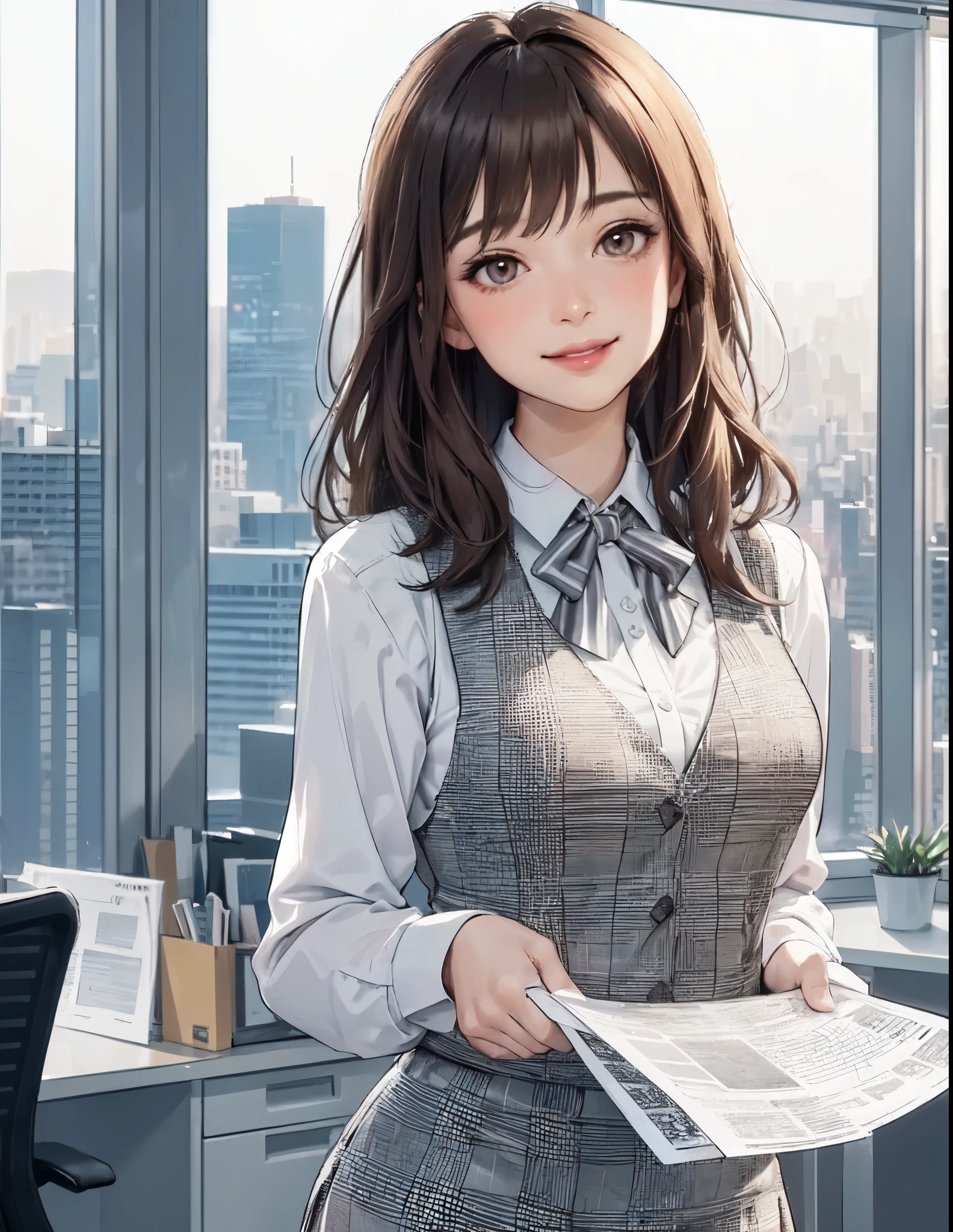 1lady standing, (holding a proposal), office worker, (vest with white and gray checks:1.2) (pencil skirt) bowtie, mature female, /(dark brown hair/) bangs, blush kind smile, (masterpiece best quality:1.2) delicate illustration ultra-detailed, large breasts BREAK (modern office indoors), window skyscraper, detailed background