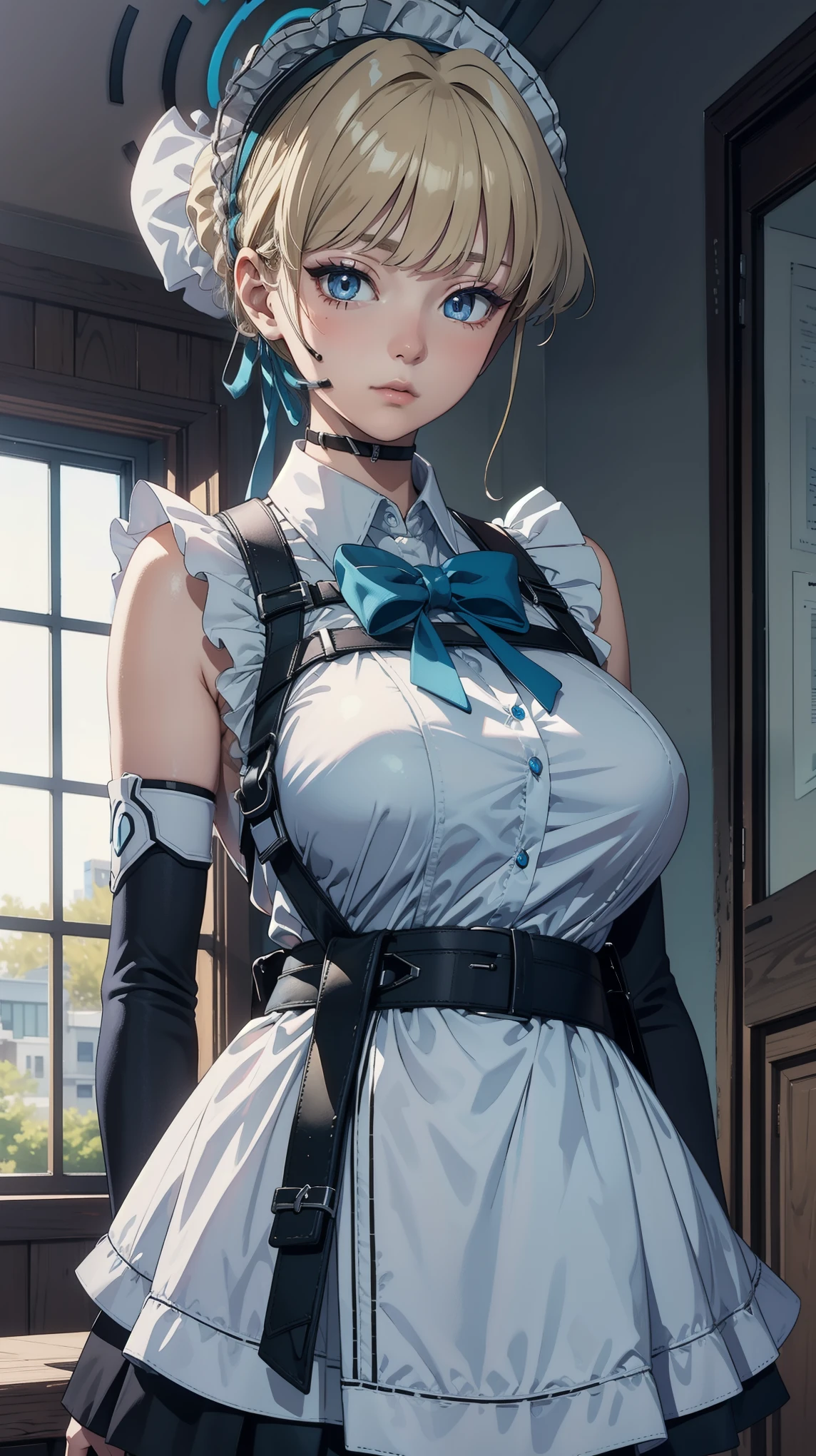 Masterpiece, ultra detail, high quality, 8k cg, huge breasts, tokidef, blush, bright eyes, standing, indoors, slim body, narrow waist, upper body