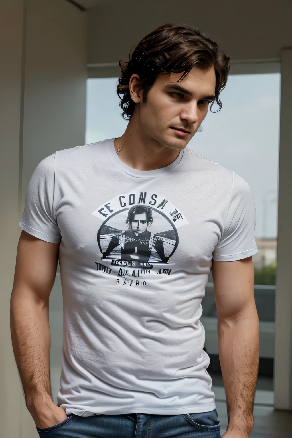 Man with medium curly hair, white skin, gray eyes, defined and athletic body, jeans and T-Shirt, resembles Roger Federer, look forward, confident, close up