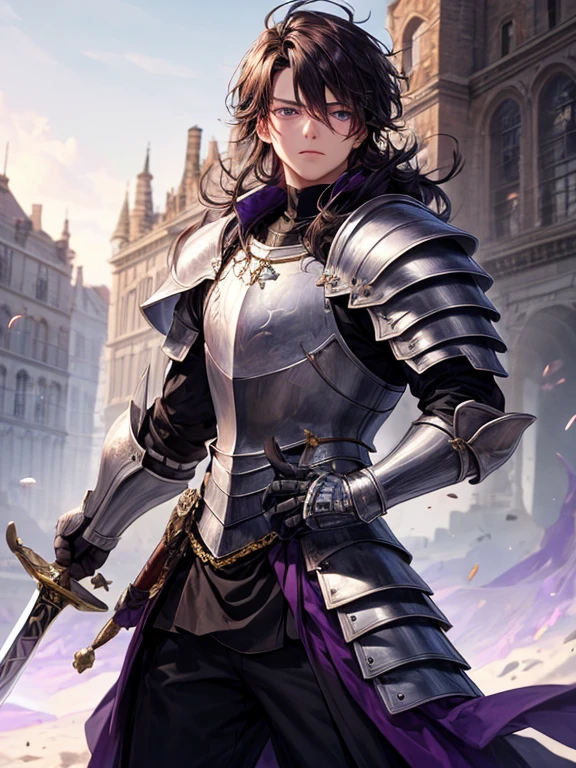 (masterpiece), best quality, expressive eyes, perfect face, 1boy, large hair, Raised hair, purple eyes, Knight armor, mature, shoulders armor, sword, holding_object, amethyst 