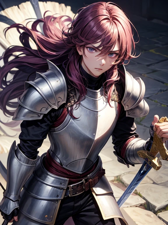 (masterpiece), best quality, expressive eyes, perfect face, 1boy, large hair, Raised hair, purple eyes, Knight armor, mature, shoulders armor, sword, holding_object, amethyst