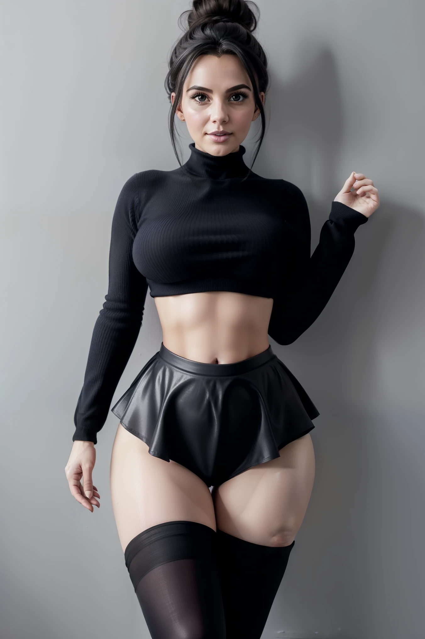 Full body shot of 1 beautiful Izrael 35yo woman , large standing upright in front of a plain white wall wet soapy face ,messy hair,long boots view from above ,one leg up ,up one leg body, voluptuous woman, dark bun messy hair, , turtleneck sweater, scarf, sexy skirt, black tights black pantyhose tempting , dreaming, curvy hourglass figure, oppai proportion, heavy exaggerated proportions short skirt tight skirt pov Super Saiyan