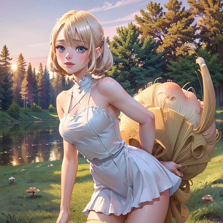 (masterpiece, best quality:1.4), (8K), Young blonde beauty, (((18 years old, neat girl))), detailed blue eyes, long eyelashes, blush, kind smile, upper body, topless, small ass, slender thin legs, pink skirt, (looking at viewer), beautiful blonde hair, white-skinned, bangs, pigtails (medium size breasts), (mushroom forest, celestial forest, beautiful and magnificent pink sunshine, majestic sky), natural light)