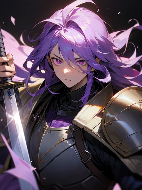 (masterpiece), best quality, expressive eyes, perfect face, 1boy, large hair, Raised hair, purple eyes, Knight armor, mature, shoulders armor, sword, holding_object, amethyst
