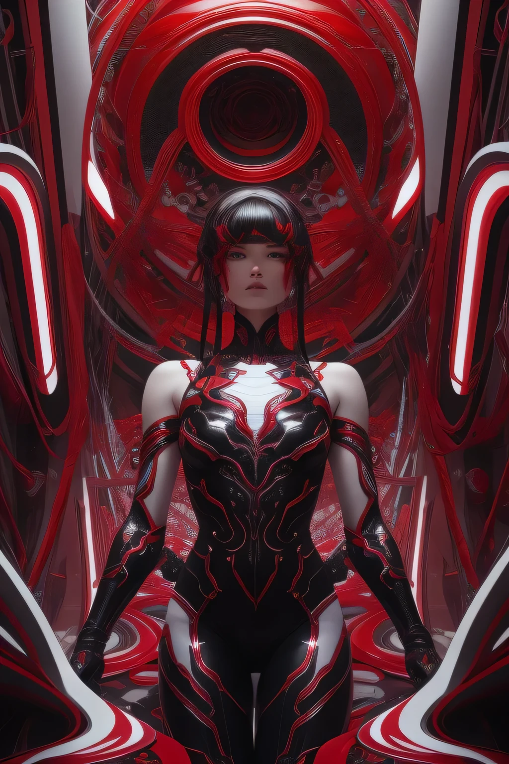 8K Post-Production、Red and black and a little white、Elaborate metallic bones、Semi-human、Rainbow-colored、Glenn Brown Style Futuristic Room、God's Power、High angle shot、Complex body poses,Analog 150mm lens、Beautiful natural soft rim light、
