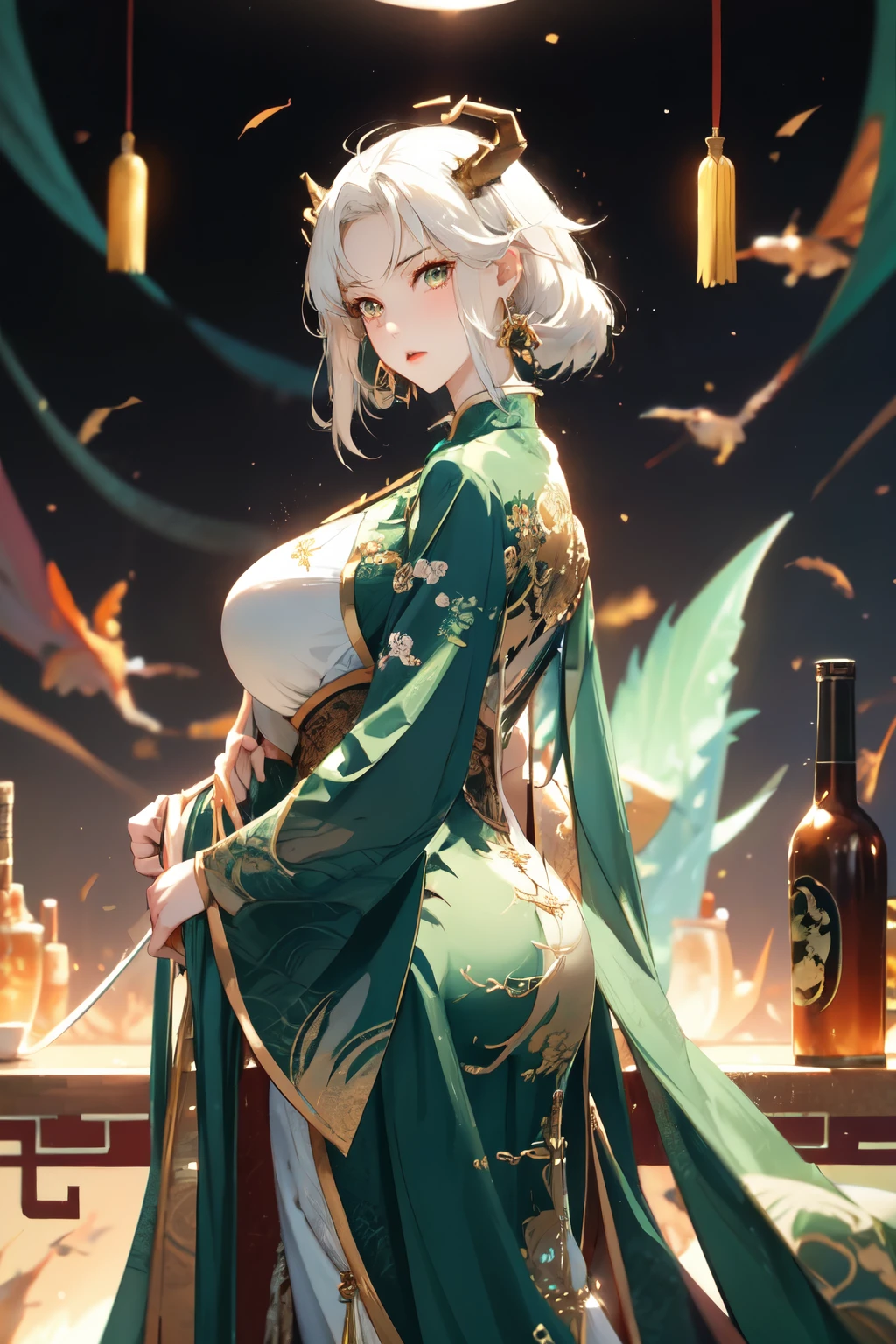 A Tall woman with short white hair, golden eyes, wearing a green Chinese dress, he has dragon horns.,toji fushiguro,green Chinese dress,Tall, super very big bosom, super ultimate very big bosom