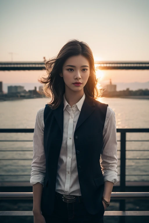 （Dark Style:1.6）、Inspired by the 007 movie、Tense atmosphere、Dramatic、(Original Photography、8K、Masterpiece、high resolution、very complicated)、(Top quality)、(realistic:1.4)、（Full body female love:1.6）、Movie Lighting 、summer、Heat、Exquisite girl、 Exquisite facial features、2 beautiful women、20 years old、tall and sexy、Wearing a vest、Wearing tight pants、beautiful eyes、Delicate face、Saleme、Long wavy hair、On the bridge at dusk、Hair blowing in the wind