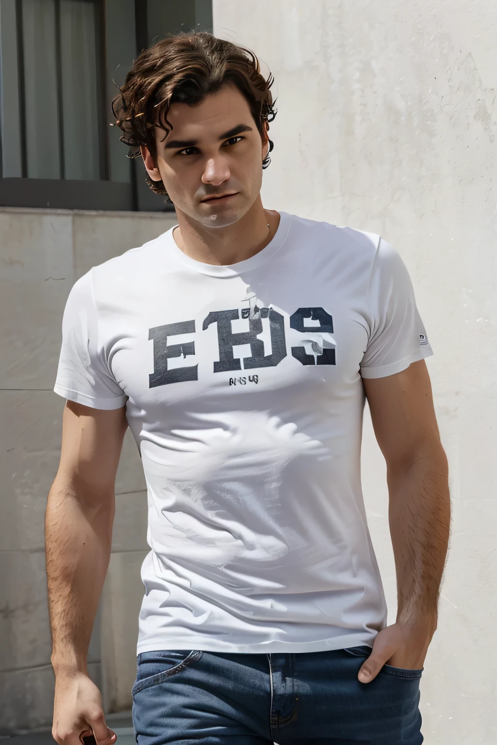 Man with medium curly hair, white skin, gray eyes, defined and athletic body, jeans and T-Shirt, resembles Roger Federer, look forward, confident,