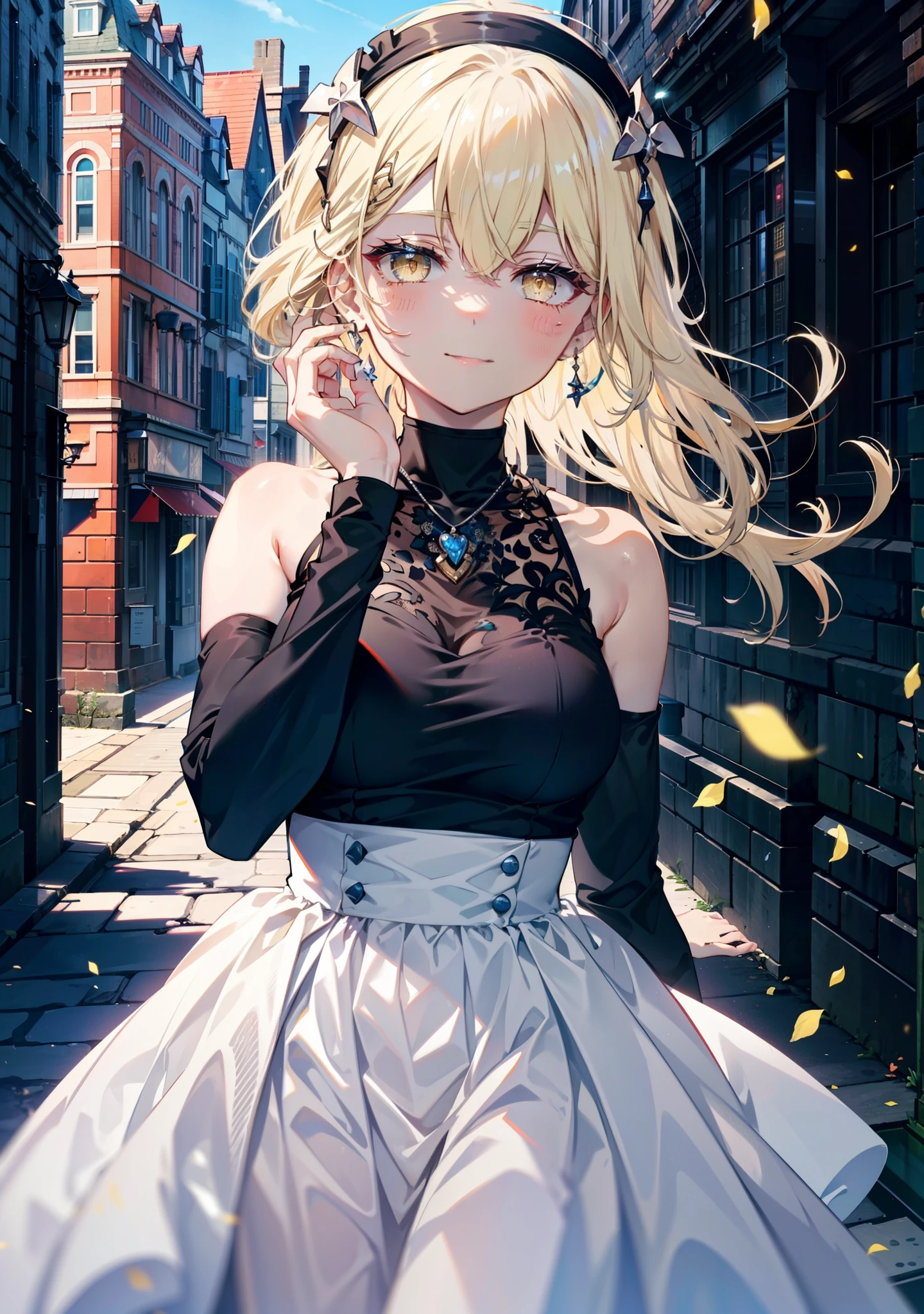 アイスWallenstein, Wallenstein, blonde, Hair between the eyes, hair band, Long Hair, (Yellow Eyes:1.5),happy smile, smile, Close your mouth,smile,blush,White sleeveless dress,Bare arms,Bare neck,Heart Pendant,Long skirt,Cute Sandals,Clear skies,歩いてるbreak looking at viewer,(Cowboy Shot:1. 5) break outdoors,Building district,In town, break (masterpiece:1.2), highest quality, High resolution, unity 8k wallpaper, (shape:0.8), (Beautiful and beautiful eyes:1.6), Highly detailed face, Perfect lighting, Highly detailed CG, (Perfect hands, Perfect Anatomy),