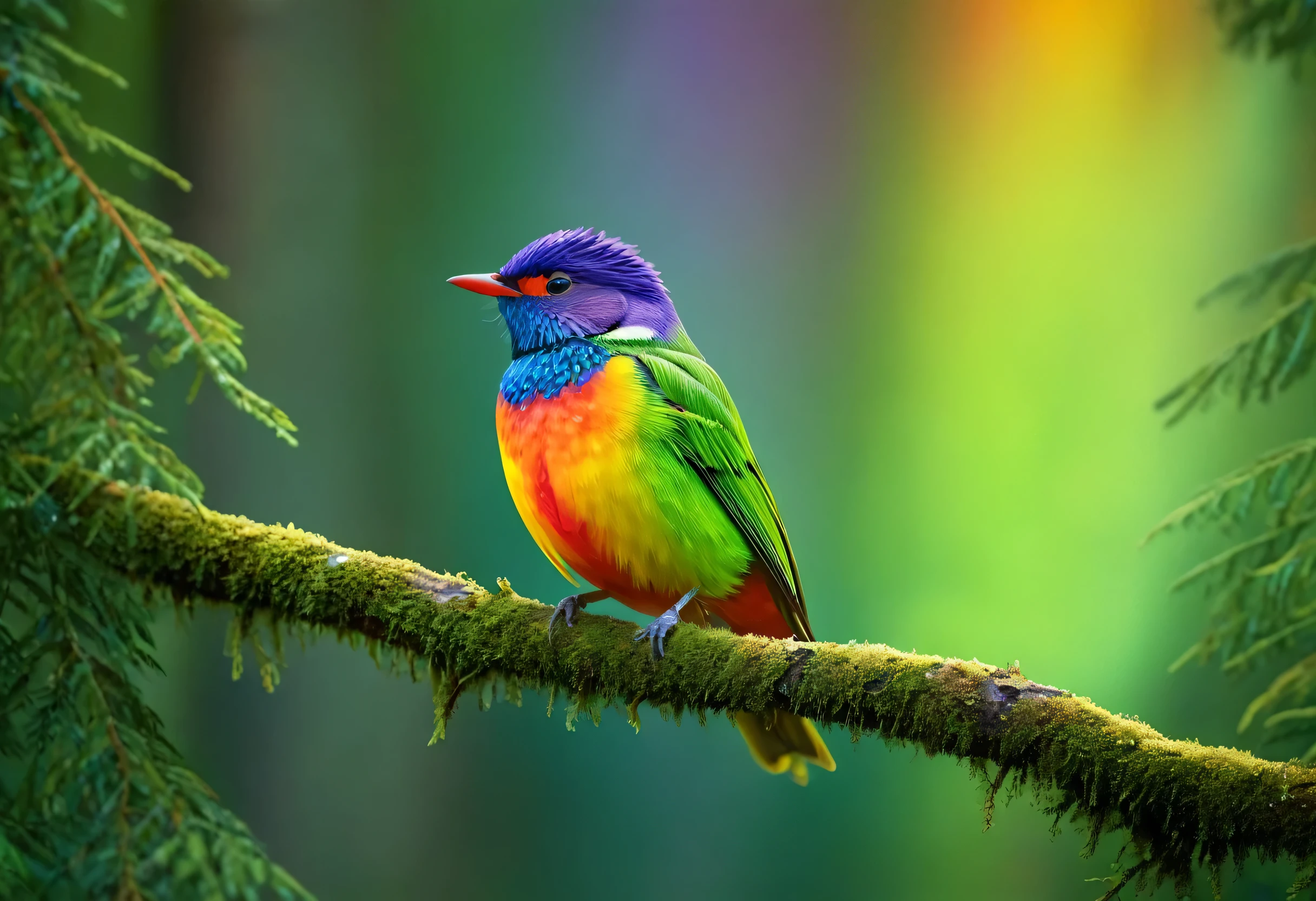 One beautiful bird, high resolution, high quality, master piece, cute photo, 8K, rainbow color, in the forest
