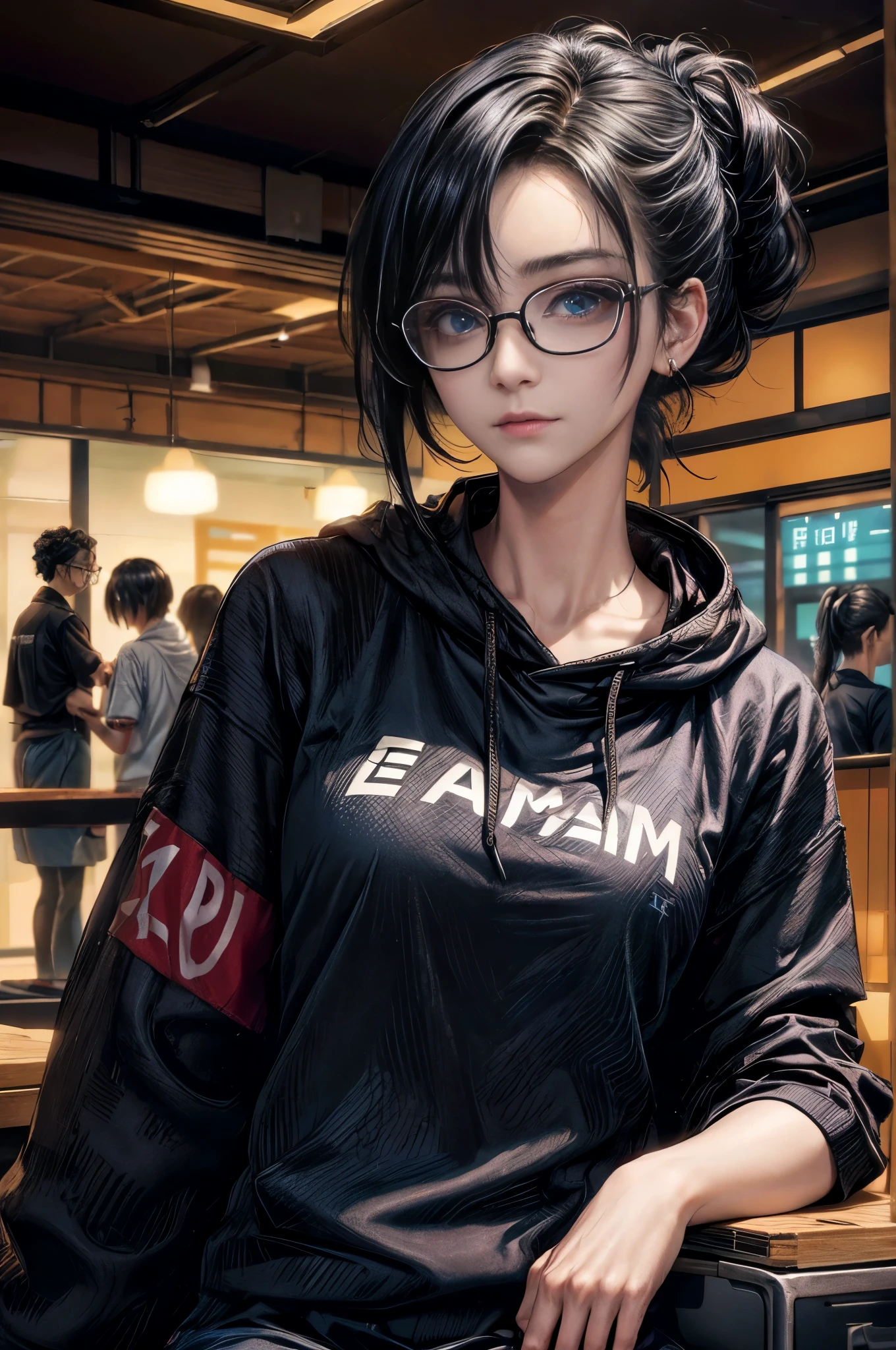 Cinema Lighting、highest quality,Cyberpunk World、1 female、Black Theme、(24-year-old beauty、blue eyes)(Black Hair、Medium Hairstyles、hair up to the neck、Center part hair:1.3)(smile)、break.(Glasses:1.3)(Simple theme:1.0), BREAK(Thin hoodie、over a Japanese language print tee,with black スポーティスパッツ and vibrant sneakers:1.0), break、 Portrait Angle、(Company cafeteria、Employees around:1.5)（Sit on a chair:1.2）
