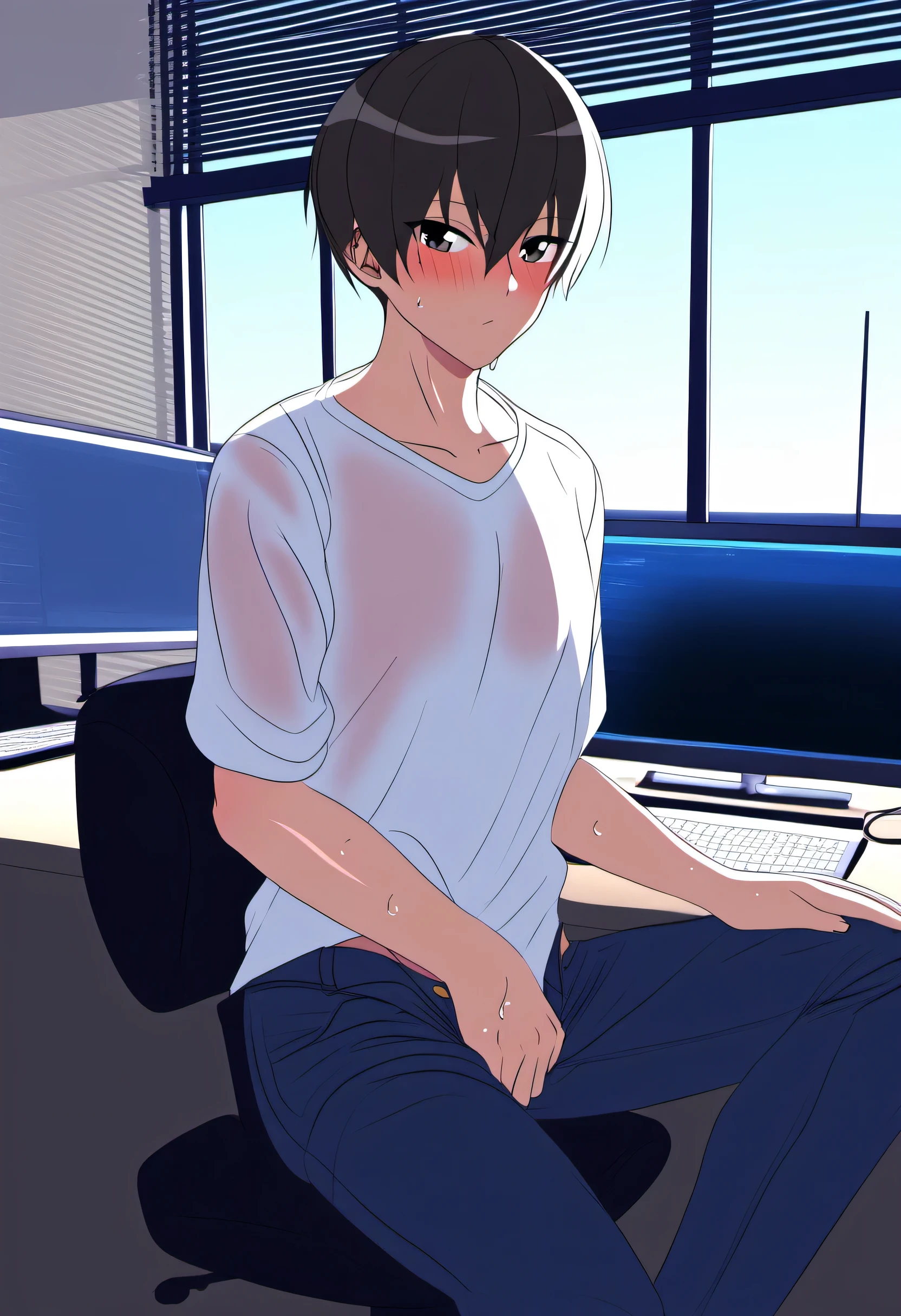 male,young male,, brown skin, black eyes, short hair,wet shirt,jeans,Contemporary Home Office Background: sleek desk, ergonomic chair, modern tech gadgets, large window background, 2023,best quality, 4k, uncensored, prefect lighting, rating_explicit, very aesthetic, 8k