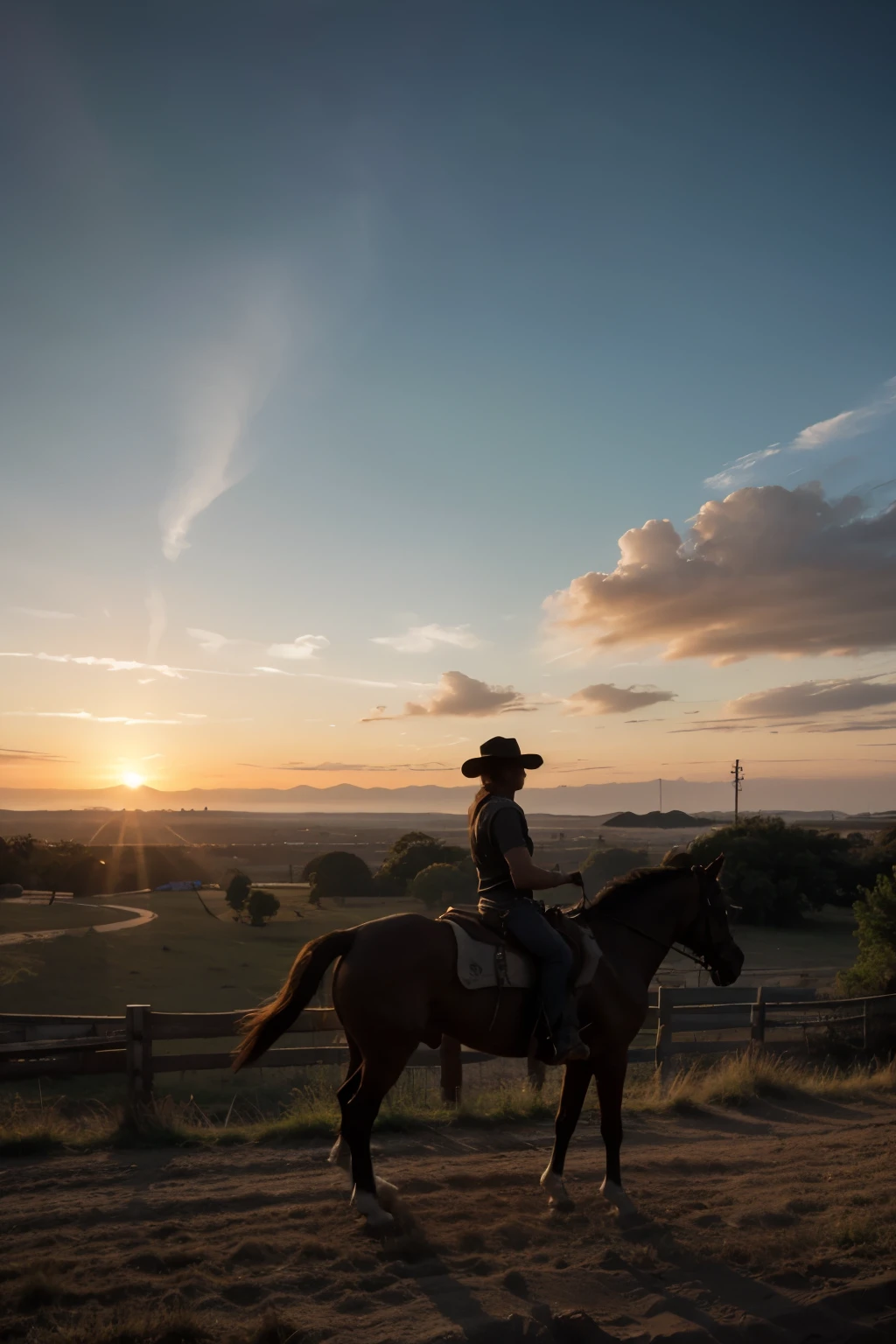 silhouette of a cowboy riding into the sunset, c4d, dreamy and optimistic, vibrant sky