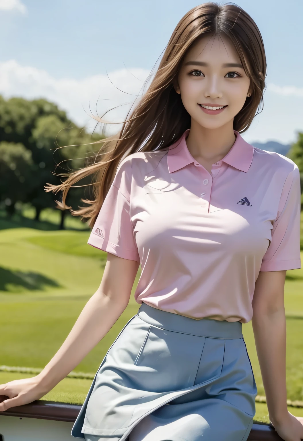 masterpiece, best quality:1.1), (8k, raw photo, photo realistic:1.2, f22), (shiny skin), detailed skin,long hair,detailed face, detailed eyes, smile,BREAK, real world, intricate details, smil, BREAK, 1girl, (pink,Polo shirt,mini skirt), full body,BREAK, (golf:1.4), BREAK