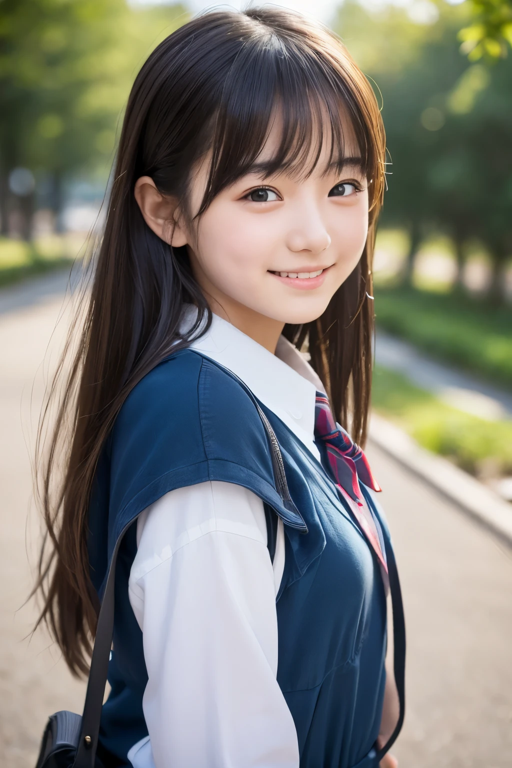(top-quality、masterpiece:1.2)、Best Quality、realisitic、photoshot、hight resolution、1080p、8K、fine-textured skin、Physical Rendering、1 Japanese Girl、a junior high school student、kawaii、Young Face、Rolled hair、full of shyness、smile