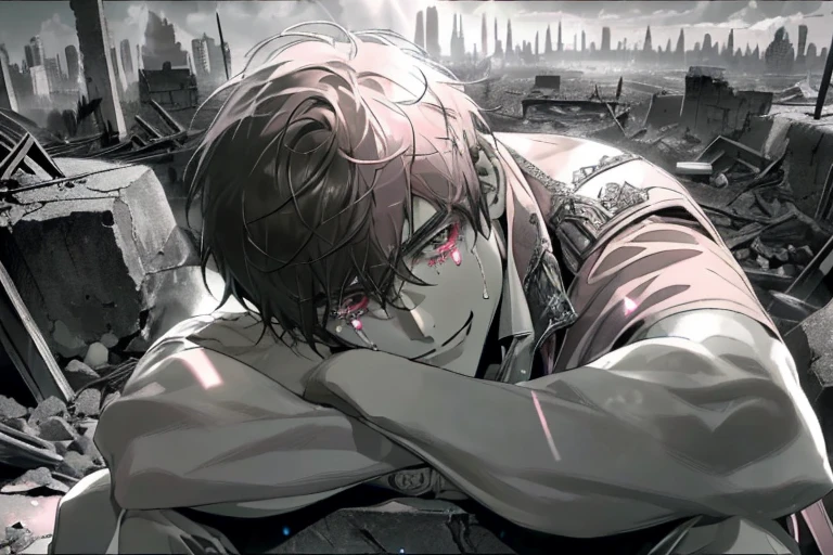 ((A ruined city full of rubble)),(After the war),((Vast landscape full of rubble)),(well-dressed boy),((Dark hair)),((sit with your knees on either side of the ground)),((Crying and laughing)),((Teary-eyed)),(Mouth slightly open),((Light pink eyes)),((Monochrome world)),((Black,Gray,light)),((Hair ornament decorated with many dark pink jewels)),((View from directly above)),(Sharp eye light),(((Adult male))),((close up of face)),(A smile),