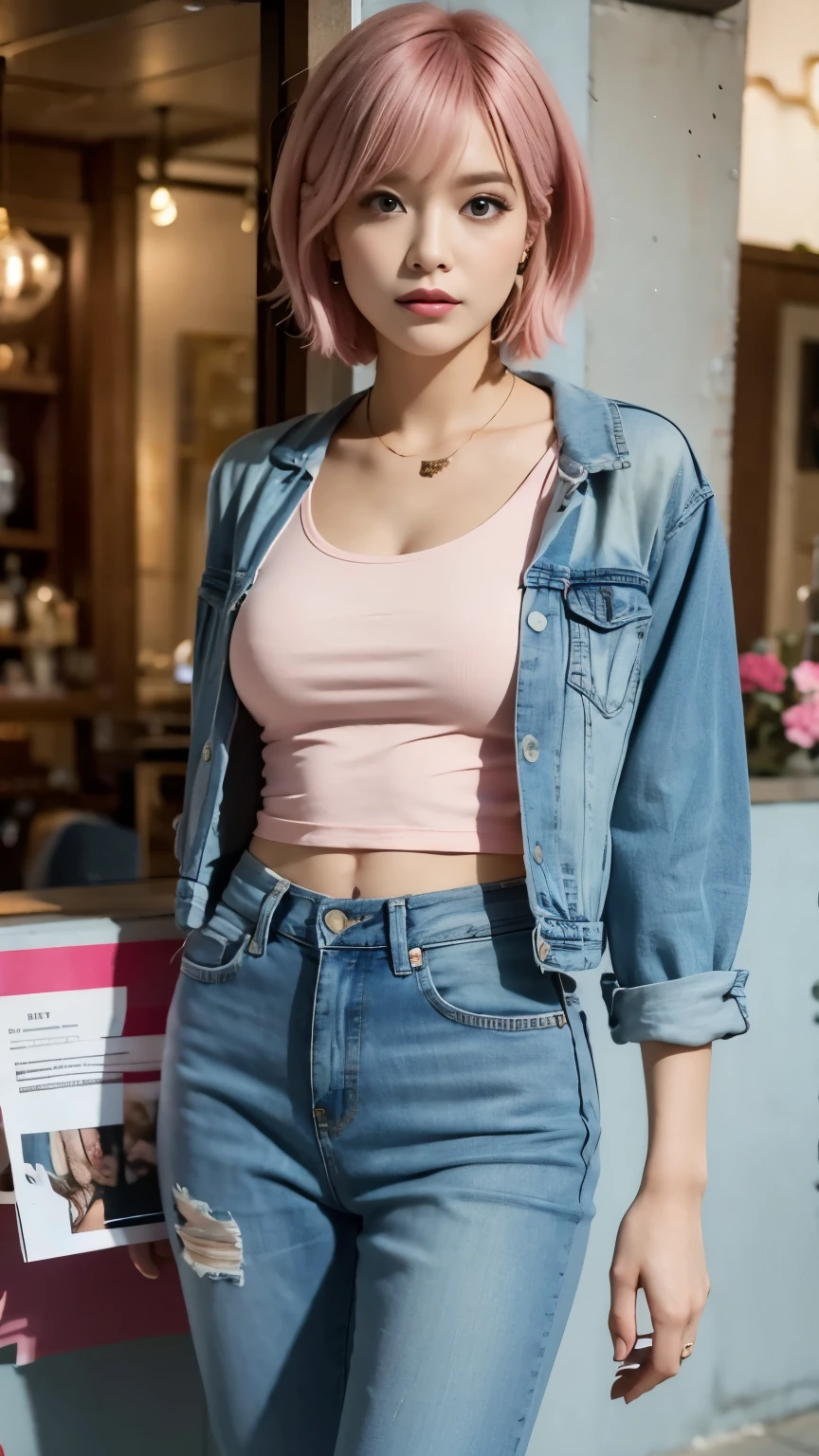 Pink Hair:1.3, Denim pants:1.2, Medium Bob
