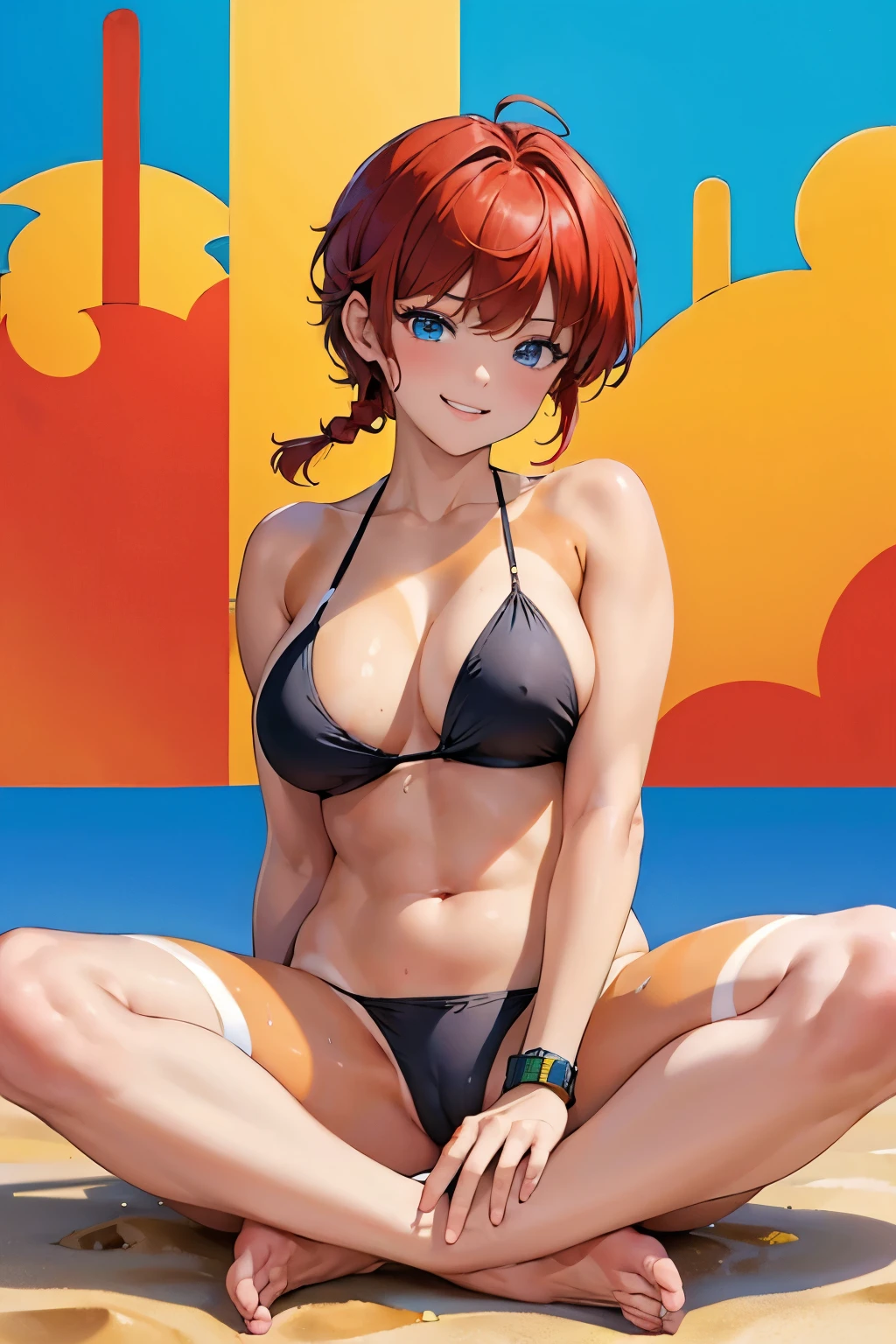 ((((masterpiece)))), high quality, very_high_resolution, large_filesize, full color, heavy outline, clear outline, colorful, (beautiful detailed eyes), (beautiful face:1.3), boyish face, 1 girl, (femaleranma), (red hair), short hair, (braided ponytail), ((bangs)), bumpy bangs, blue-gray eyes, big breasts, curvy, completely nude, black-wristbands, old school swim suits, (((tan))), smile, indian style, sitting, pussy juice