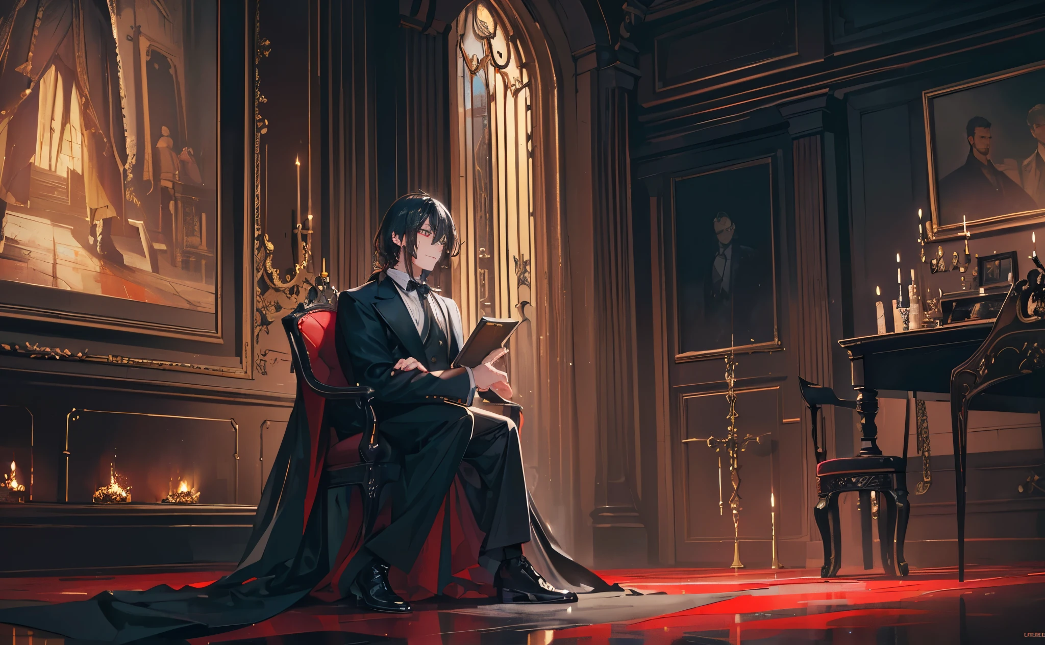 ((Prefect , highly detailed , high quality , cinematic shoots , cinematic scene by Christopher Nolan , ultralens portrait , best resolution , moody , dark atmosphere , dramatic lighting , ray tracing , RTX)) Spesial fire effect , fire particle , chaotic , a demon prince sit in bloody trhone chair with blood crown , a gold coin towering , red eyes , arogan smile , handsome , black hair.
