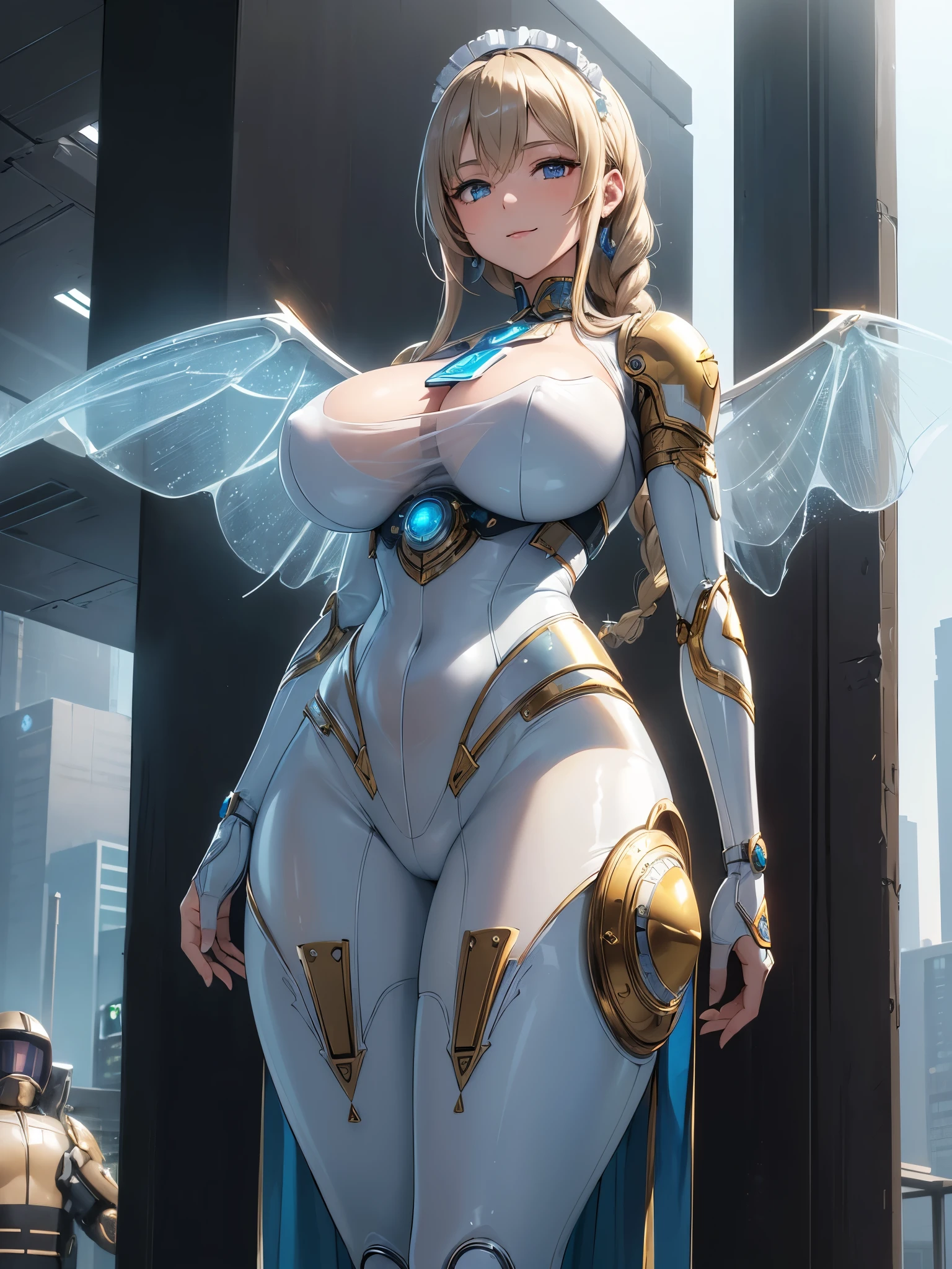 (((masterpiece))), (((best quality))), ((ultra-detailed)), (illustration), ((an extremely delicate and beautiful)), ((super detail)), ((high resolution)), (((20 years old))), metallic cloth, (maid), (android), ((mechanical wings)), delicate metal decorations, gleaming skin, shiny body, two legs, breast focus, (((tall))), slender legs, ((big round eyes)), cute eyes, drooping eyes, ((adult)), two hands, five fingers, no extra hands, elegant smile, braid, medium length hair, ((metallic light blue)), (see-through), (dark blonde), biopunk, cyberpunk, (ultra-huge breasts), safe for watch, (shining brightly), outdoor, afternoon, shining sun,
