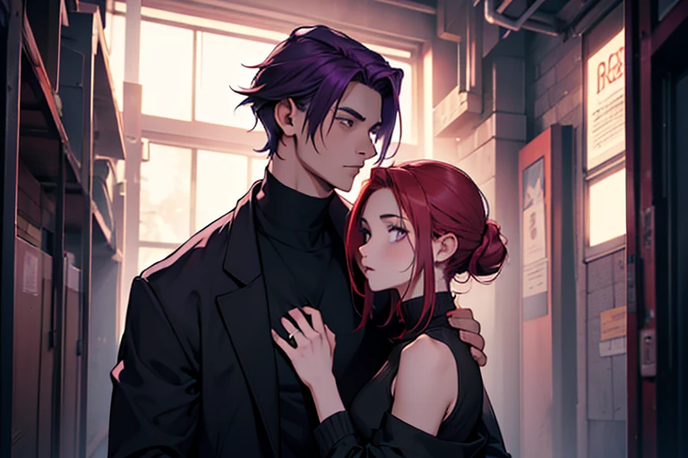 Dibuja una portada con un chico y una chica, make the boy taller, physically strong with red hair and medium tall girl in black clothing, tinted violet hair and a cold look. Que ambos posen juntos