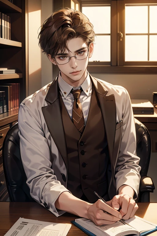 (tmasterpiece, high resolution, ultra - detailed:1.0), (1 boy, Young male), Eyes looking at the camera, Perfect male body, Extremely detailed CG, 8K wallpaper, Complicated details, solo person, Detailed face,(Brown hair, brown eyes, white shirt, brown coat,brown suit vest, Glasses, gloomy face, Sit in front of laptop, Behind it there is a large bookcase, sitting at the work desk, was in the work room), color difference, Depth of field, dramatic shadow, Ray tracing, Best quality, Cinematic lighting, dark room lighting, offcial art