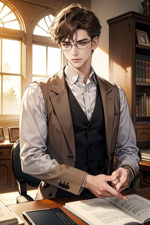 (tmasterpiece, high resolution, ultra - detailed:1.0), (1 boy, Young male), Eyes looking at the camera, Perfect male body, Extremely detailed CG, 8K wallpaper, Complicated details, solo person, Detailed face,(Brown hair, brown eyes, white shirt, brown coat,brown suit vest, Glasses, gloomy face, Sit in front of laptop, Behind it there is a large bookcase, sitting at the work desk, was in the work room), color difference, Depth of field, dramatic shadow, Ray tracing, Best quality, Cinematic lighting, dark room lighting, offcial art