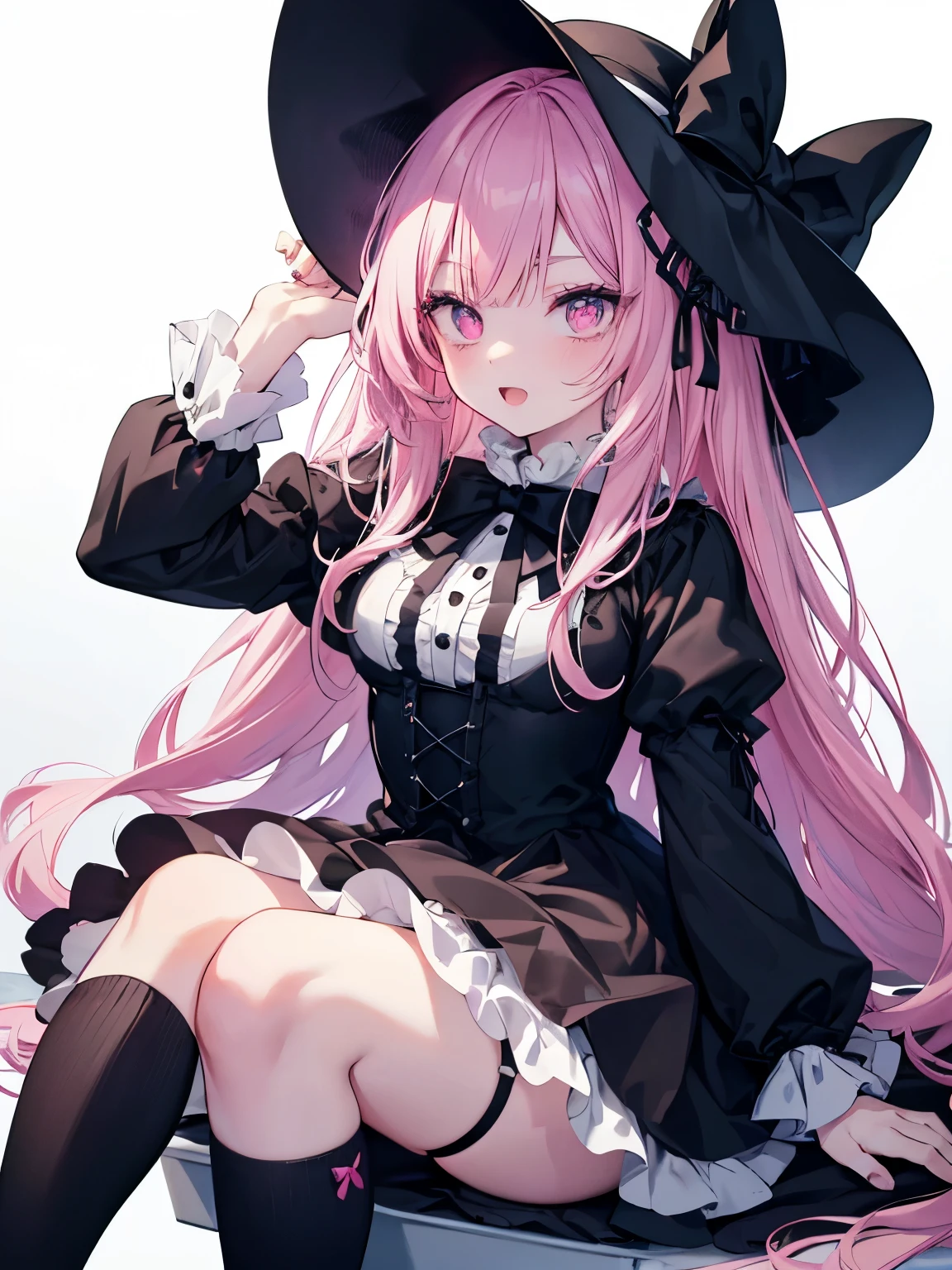 masutepiece, Highest Quality, (Perfect face:1.1), (high detailing:1.1), (ultradetailed eyes), Dramatic, superfine illustration, Extremely detailed,1girl in, teenager,(pale skin), Happy, Laugh, Enjoy,gloweyes,long pinkhair,pink eyes,Ethereal eyes,open mouth, Simple eyes,Solo,Pouty lips,Cinematic lighting,cowboy shot,looking up,Long sleeve,Gothic lolita, frilld, bow ribbon,knee high socks