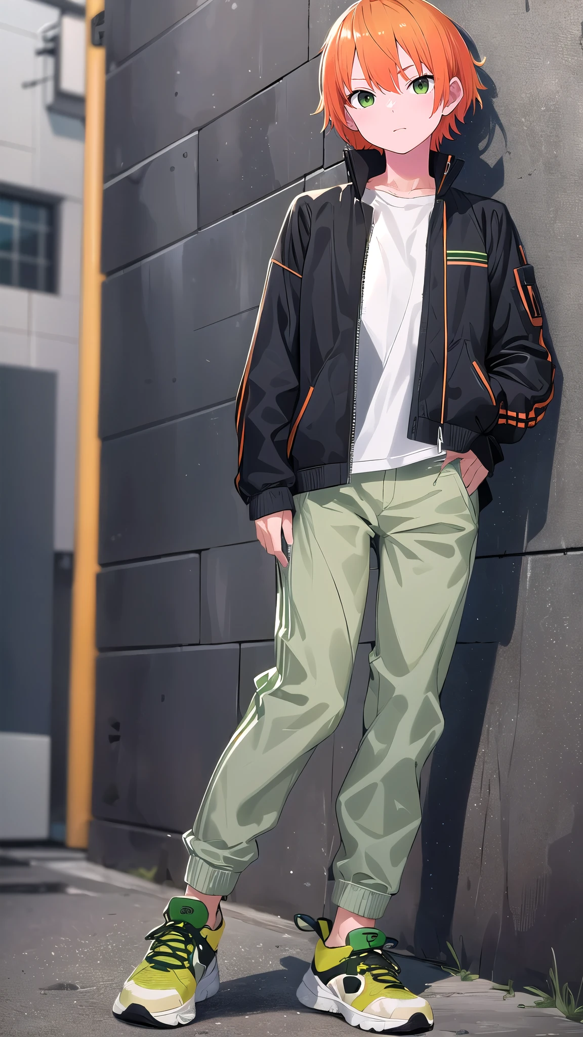 masterpiece,highres,high quality,extremely detailed, girl guender bender, short orange hair, green eyes, uniform gakuran jaket gray, white t-shirt, gakuran, green long pants, and a pair of black sneakers.