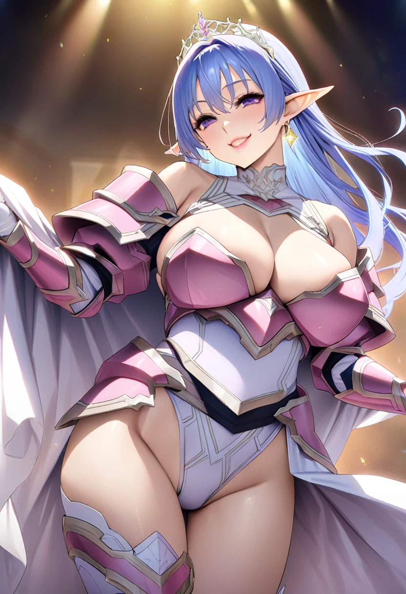 masterpiece、highest quality、Ultra-high resolution、Maximum resolution、Very detailed、Professional Lighting、anime、Adult women、thin、so beautiful、smile、Sheer white leotard、((Pink and white armor))、Shiny Armor、White decoration、Gorgeous tiara、Golden earrings、Blue Hair、purple eyes、Big Breasts、Pink Lips、Elf Ears、White cloak、