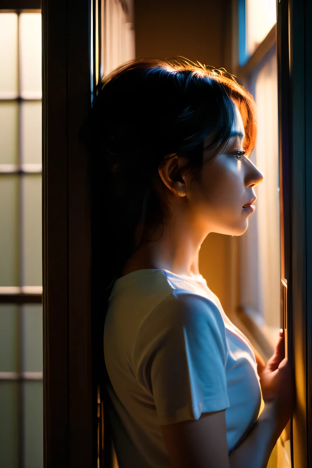 ((Leaning against the window)) Pensive mature woman(Back view))、Looking out the window at the night sky、4K
