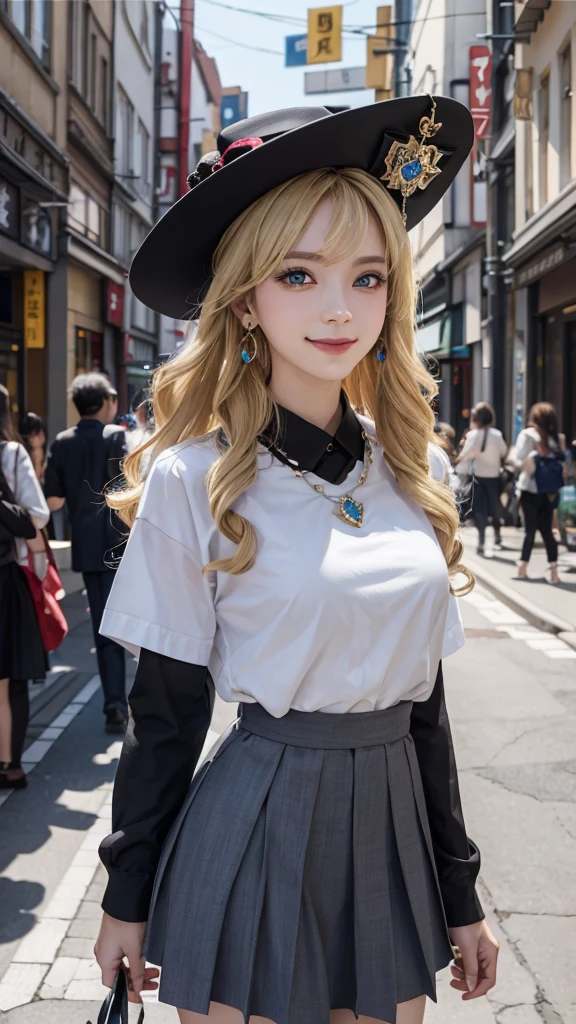 masterpiece,1 girl,above waist,faint smile,glowing skin,best quality,masterpiece,(lifelike:1.4),Uniforms,pleated skirt,black,blur background,Character focal length,(Large aperture:1.2),blonde,long hair,curls,blue eyes,Nice hat,Smiling all over,necklace,earrings,street japan,night