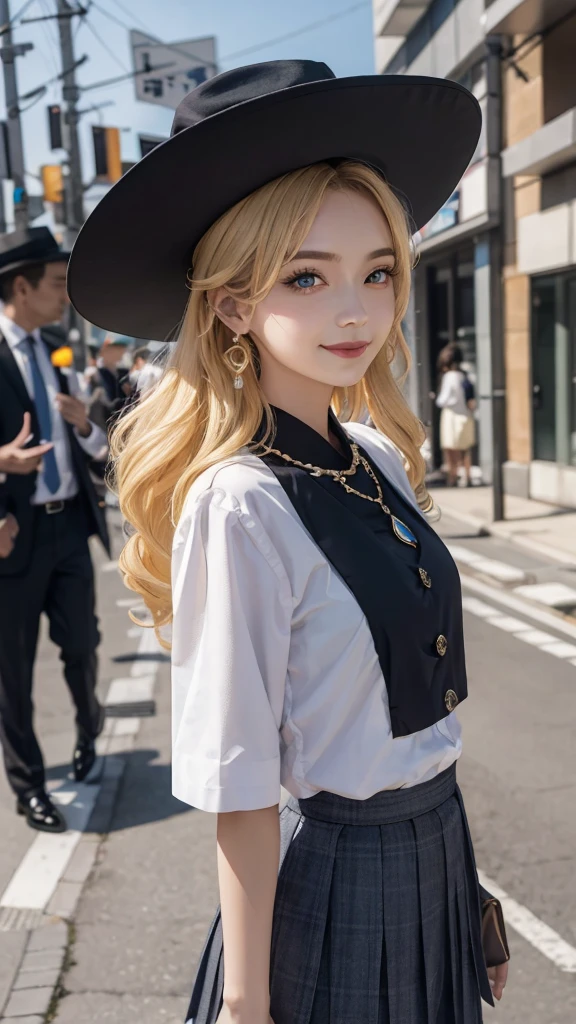 masterpiece,1 girl,above waist,faint smile,glowing skin,best quality,masterpiece,(lifelike:1.4),Uniforms,pleated skirt,black,blur background,Character focal length,(Large aperture:1.2),blonde,long hair,curls,blue eyes,Nice hat,Smiling all over,necklace,earrings,street japan,night