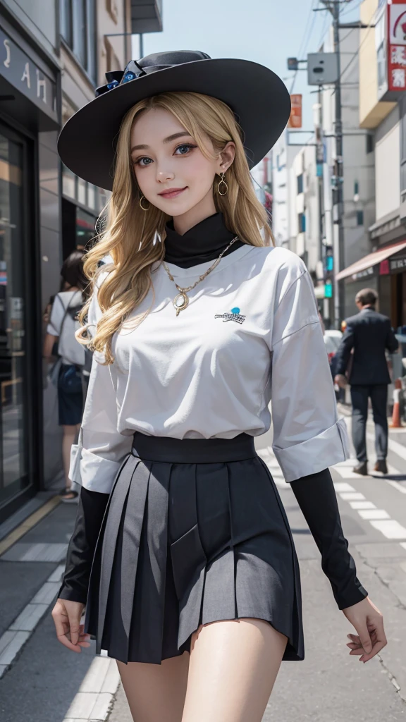 masterpiece,1 girl,above waist,faint smile,glowing skin,best quality,masterpiece,(lifelike:1.4),Uniforms,pleated skirt,black,blur background,Character focal length,(Large aperture:1.2),blonde,long hair,curls,blue eyes,Nice hat,Smiling all over,necklace,earrings,street japan,night