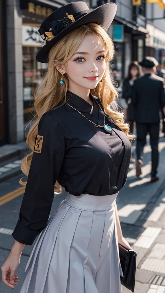 masterpiece,1 girl,above waist,faint smile,glowing skin,best quality,masterpiece,(lifelike:1.4),Uniforms,pleated skirt,black,blur background,Character focal length,(Large aperture:1.2),blonde,long hair,curls,blue eyes,Nice hat,Smiling all over,necklace,earrings,street japan,night
