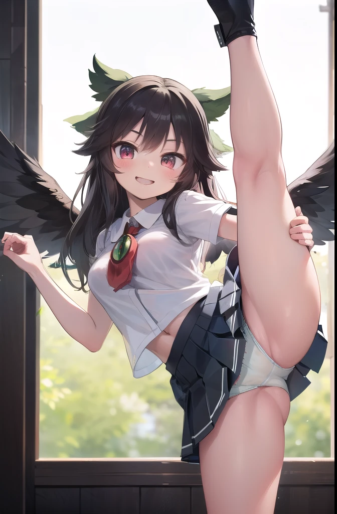 (((((whole body)))))、Utsuho、Green pleated skirt、smile,、Cowboy Shot、 standing on one leg ,leg_lift,panties,standing_split、