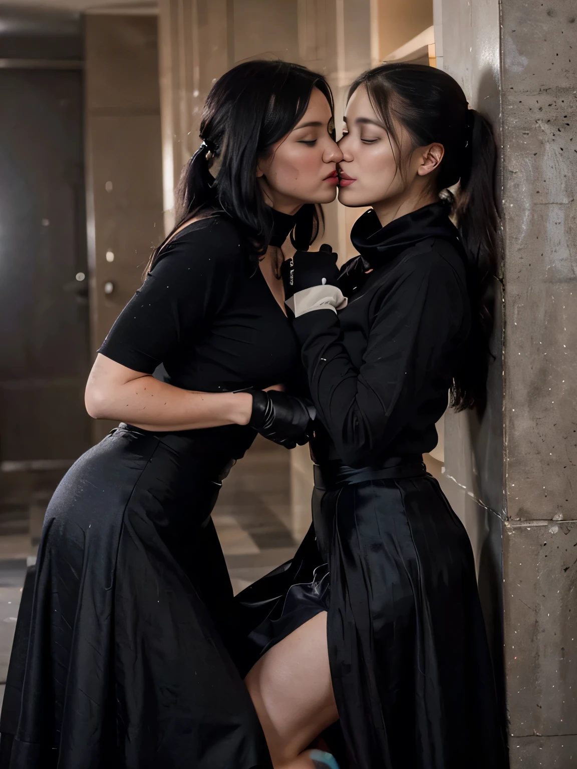 proFessional photograph oF a gorgeous eyes closed soaked Bettie page girl and her sister, (( pushed againts the wall, grabbing her from behind, kissing her on the neck,biting his ear )dressed with a large black cloth coat,ponytail Black hair, red lipstick,black long maxi-skirt(black long maxi-skirt:1.2),sultry Flirty look, gorgeous symmetrical Face, joli maquillage naturel, wearing elegant warm winter Fashion clothing,flirting with the camera, ((black gloves)),, ultra realistic, art conceptuel, elegant, Very detailed, complexe, sharp Focus, depth oF Field, F/1. 8, 85mm, (((proFessionally color graded))), bright soFt diFFused light, (volumetric Fog), tendance sur Instagram, hdr 4k, 8K