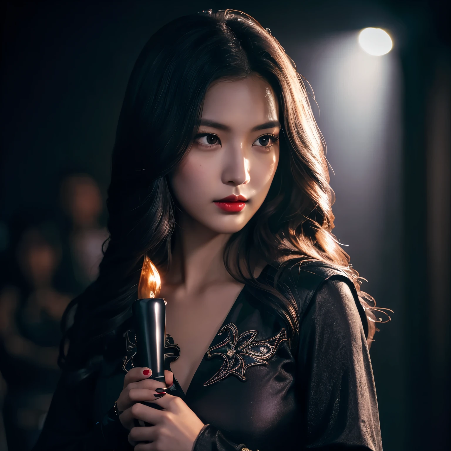 (front focus), (in the dark:1.6), Hyperrealist portrait of female wear wear purple dress, luxury ladylike, proud face, beautiful harmonious face, phoenix eyes, red lips, a tiny lipstick mole under her lip, haughty eyes, black eyes, fantasy art, photo realistic, dynamic lighting, artstation, poster, volumetric lighting, very detailed faces, 4 k, award winning, 1 girl in the dark, deep shadow, low key, cowboy shot, (official clothing:1.4), long hair, black hair gently curled at the end