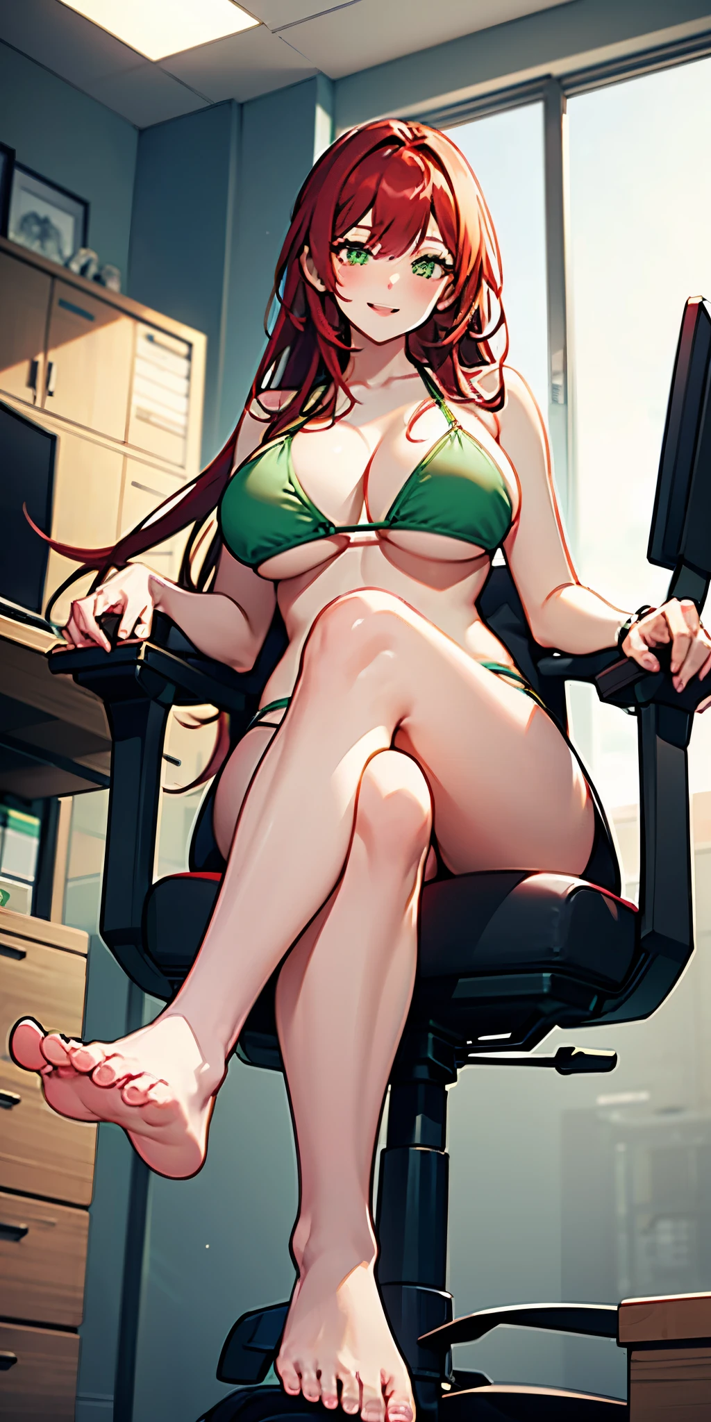 Front view, from below, 1 girl, red hair, long hair, beautiful green eyes, playful expression, smiling, blushing, green bikini, huge breasts, enormous breasts, sagging breasts, sitting on an office chair, sitting, legs crossed, feet, soles, bare feet, showcasing her feet to the viewer