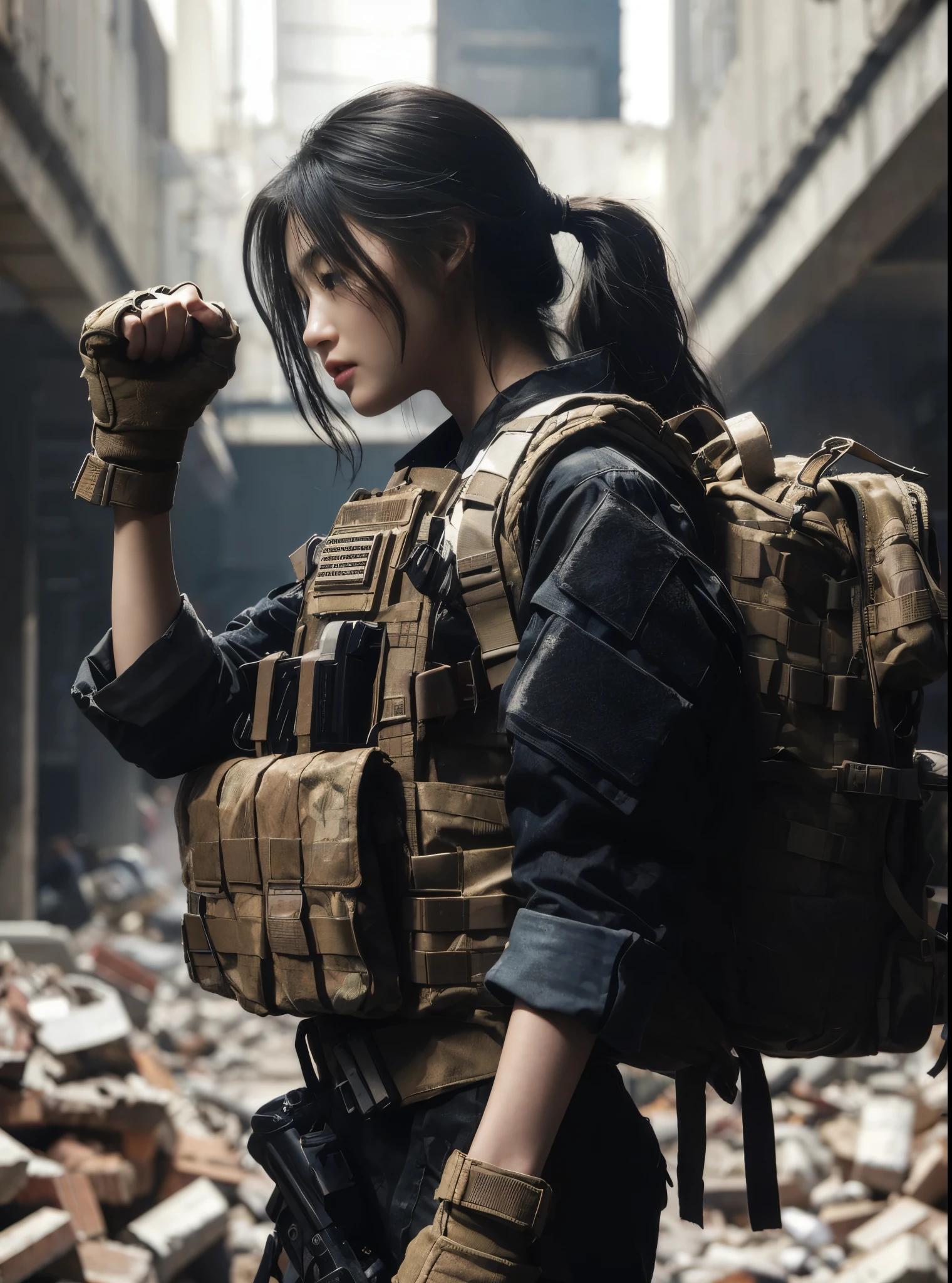 8K, realistic photo, realistic skin texture, Beautiful Japanese women in the US military、Outside the ruins of a giant American supermarket、Operation End、Car buried in rubble、Automatic rifle、Bulletproof vest、Exhaustion、Giving a fist bump to other team members、Rescue the hostage safely、backpack、boots、Covered in scars、Dynamic pose、Innovative composition