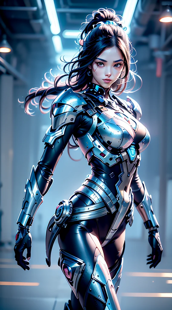 Black and white mixed color mech female warrior，18 years old young girl，Wear blue headphones，Nice face，HD ratio，The atmosphere of the planet Pandora，Diverse perspectives，Complicated details