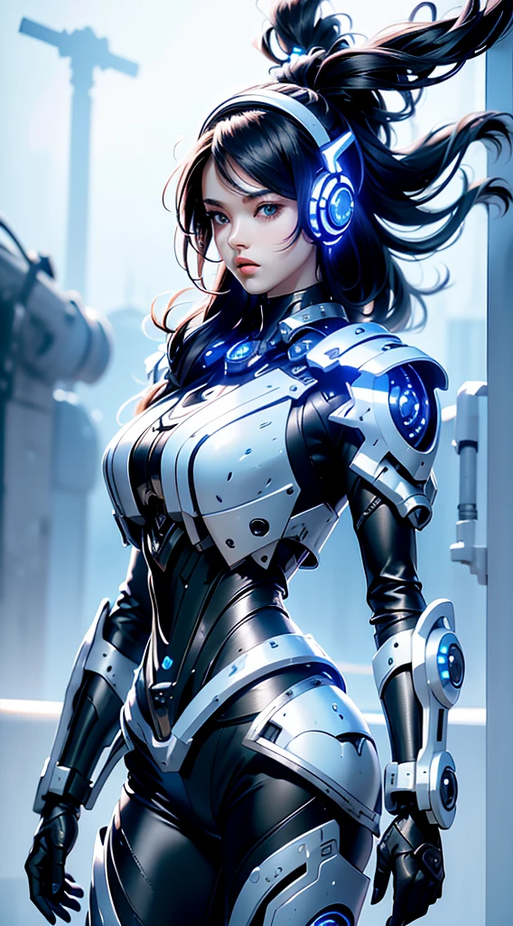 Black and white mixed color mech female warrior,18 years old young girl,Wear blue headphones,Nice face,HD ratio,The atmosphere of the planet Pandora,Diverse perspectives,Complicated details
