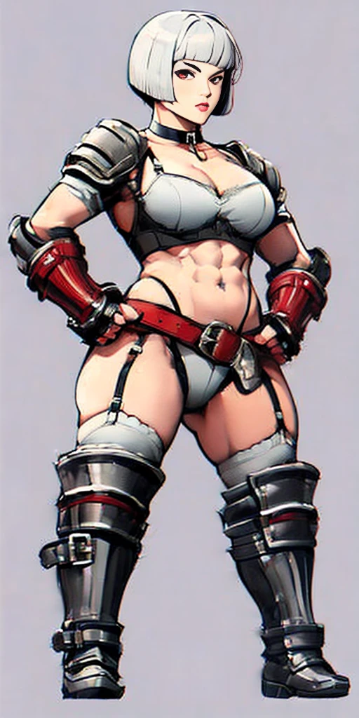 ((Plain background 1:2)) (Cammy White Street Fighter white silver short bob haircut) Female full body standing straight symmetrical looking to the viewer RED full body armored (handcuffs, shackles, rerebrace, faulds, poleyn, gauntlets, leather collar choker, gloves, gauntlets, high boots bootstraps, black stockings) 2 crossing big belt under belly button, navel, abs, garter straps belts attaching bra ((hands on hips)) view from below, wide hips