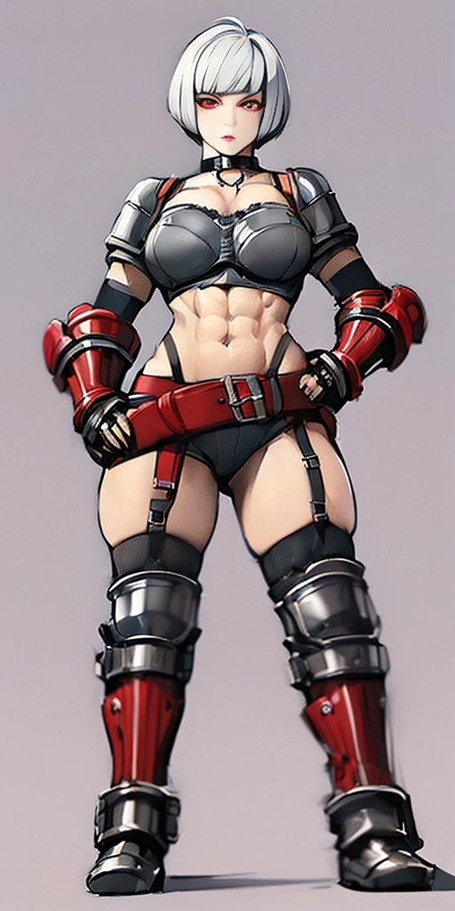 ((Plain background 1:2)) (Cammy White Street Fighter white silver short bob haircut) Female full body standing straight symmetrical looking to the viewer RED full body armored (handcuffs, shackles, rerebrace, faulds, poleyn, gauntlets, leather collar choker, gloves, gauntlets,  high boots bootstraps, black stockings) 2 crossing big belt under belly button, navel, abs, garter straps belts attaching bra ((hands on hips)) view from below, wide hips