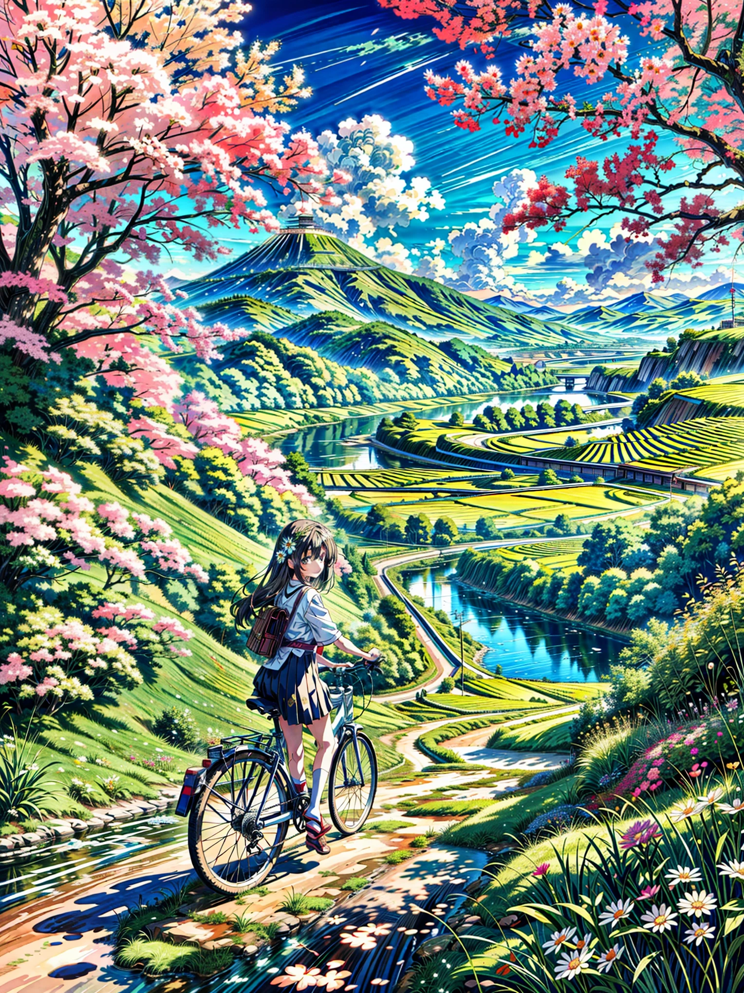 a painting of a woman riding a bike down a dirt road next to a river, flowers, multicolored flowers, village, anime countryside landscape, anime landscape, daisy flowers, anime scenery, japanese rural town, anime landscape wallpaper, japanese countryside, anime beautiful peace scene, anime scenery concept art, anime nature, anime painting, anime nature wallpap, beautiful anime scenery, countryside in japan, rural japan, clean anime art, beautiful anime art style, very beautiful matte painting, beautiful nature,  4k hd, beautiful art uhd 4 k, a beautiful artwork illustration, beautiful digital painting, highly detailed digital painting, beautiful digital artwork, detailed painting 4 k, very detailed digital painting, rich picturesque colors, gorgeous digital painting