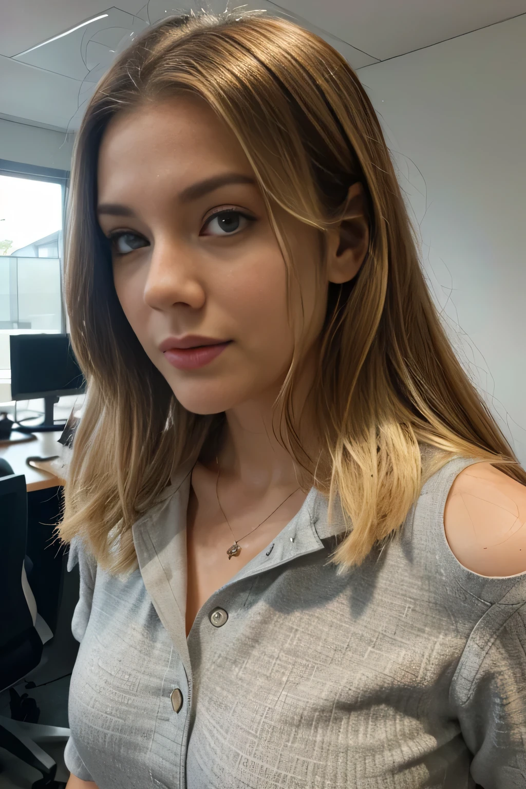 (highest quality:1.2), Ultra-detailliert, European-American woman, 21 jahre jung, realistisch, modernes Ambiente, Business-Kleidung, Sie strahlt Selbstvertrauen und Ehrgeiz aus, natural lighting, Leuchtende Farben, blonde haare, Das professionelle Umfeld, with a modern office and successful colleagues,contributes to the professional atmosphere